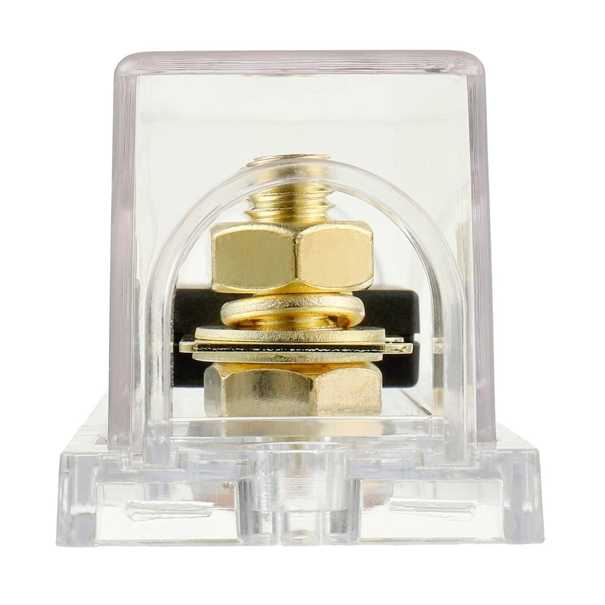 ANL fuse holder showing internal gold fuse blocks inside clear cover