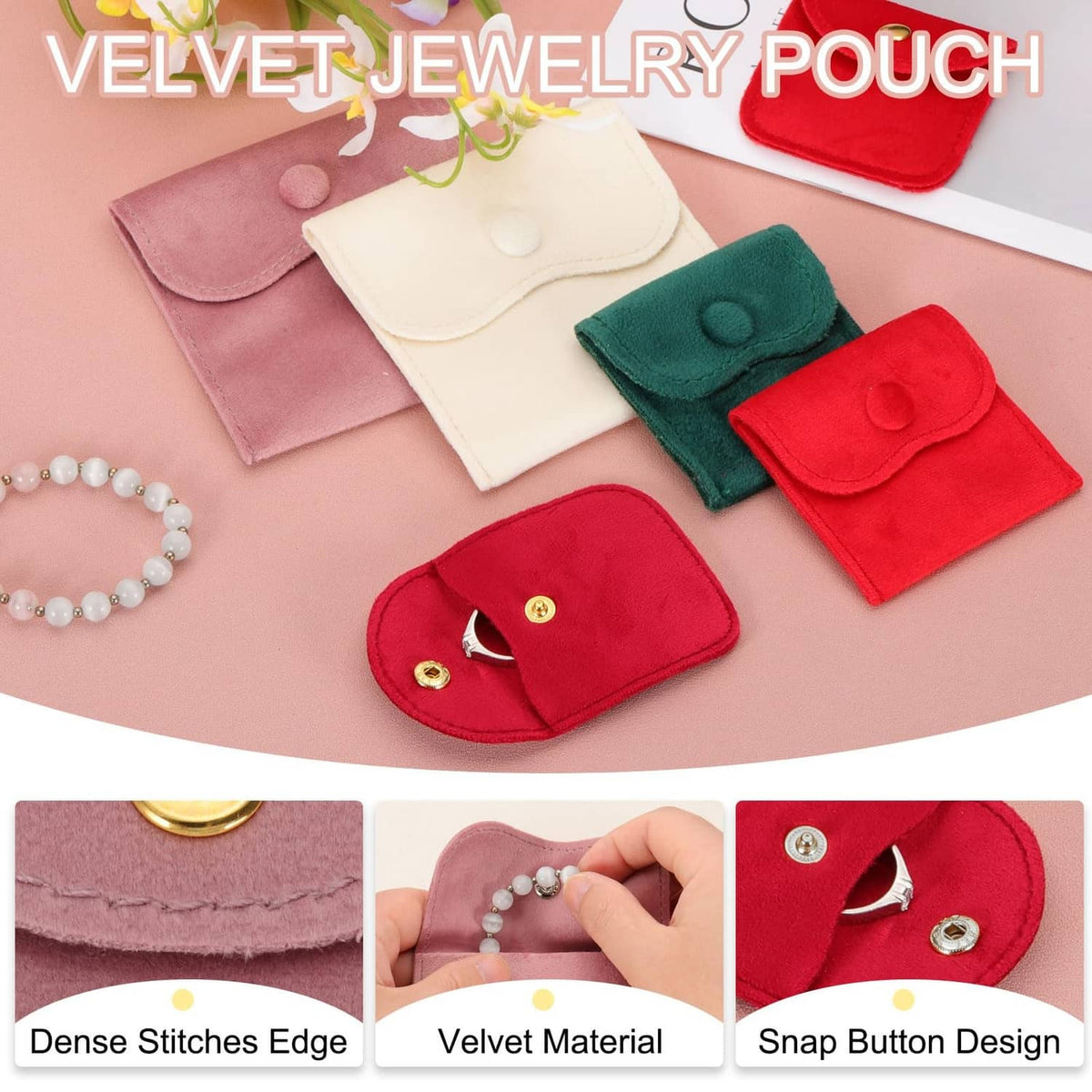 Green velvet jewelry pouch with snap-button flap