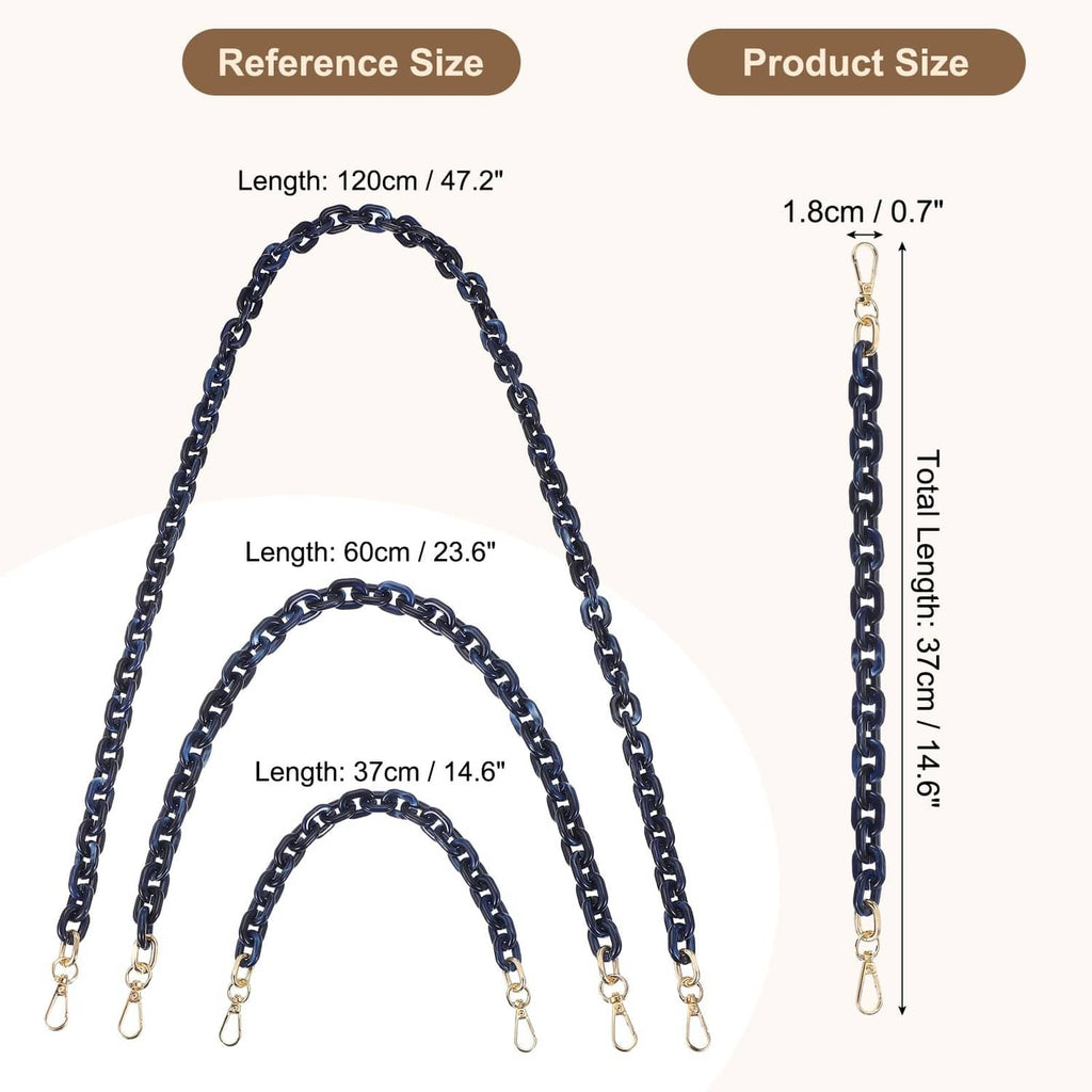 Blue acrylic purse chain strap diagram with gold-tone clips and loop ends