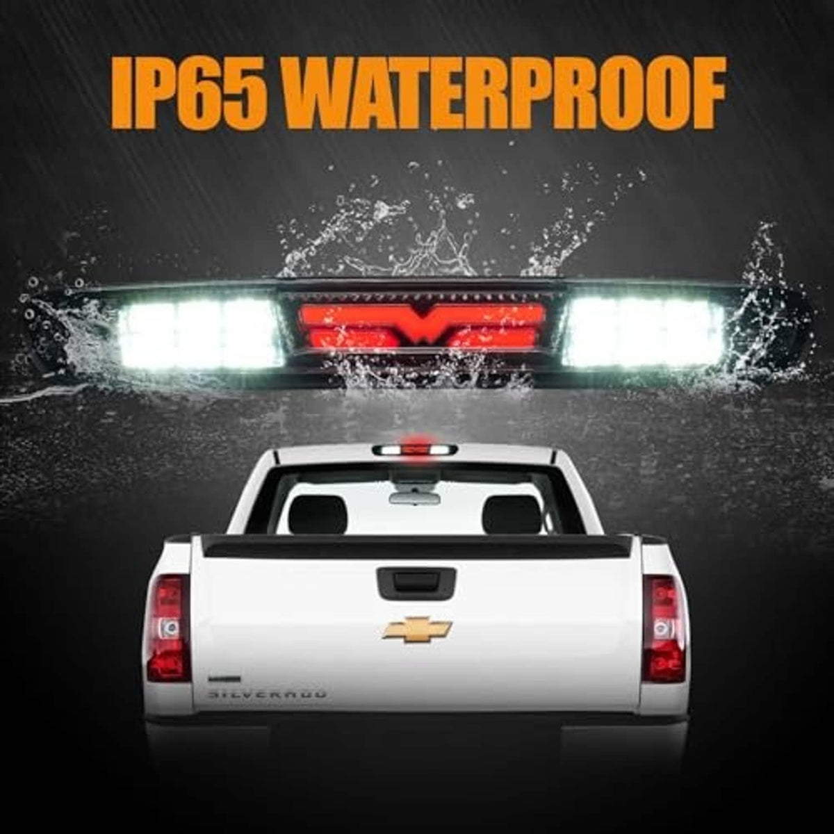 Third brake light in rain with bright red center LED and white side LEDs