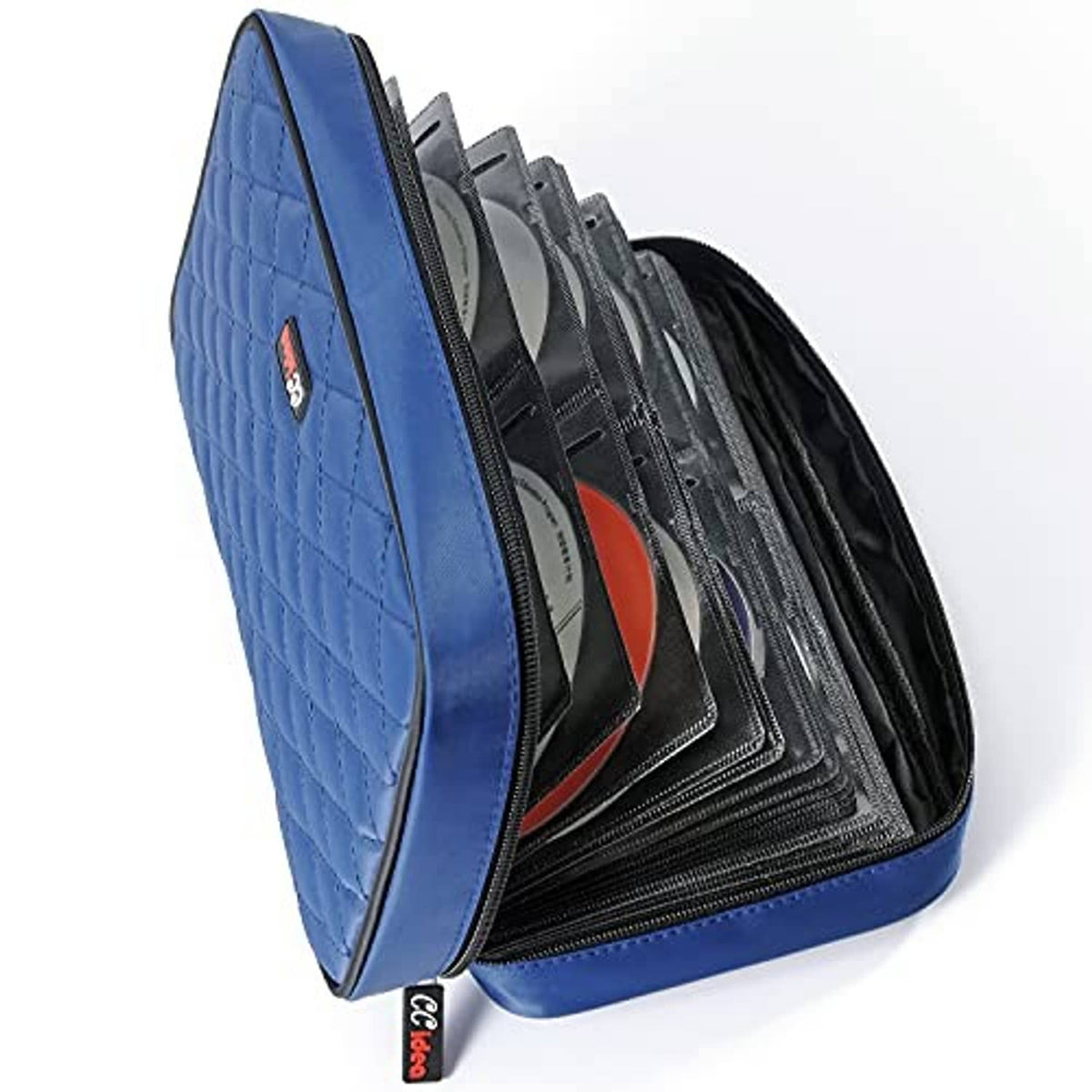 Blue quilted CD/DVD storage wallet opened to show disc slots inside.