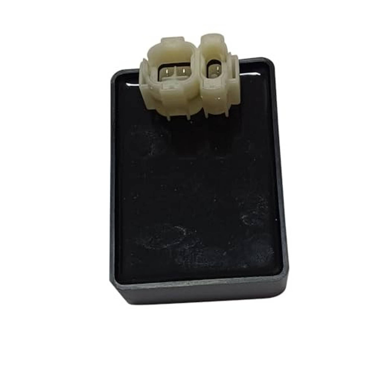 Ignition control module with two light wire connector plugs on black housing.