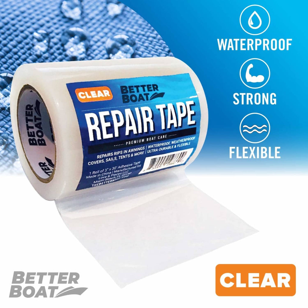 Clear waterproof flexible repair tape roll on textured fabric close-up