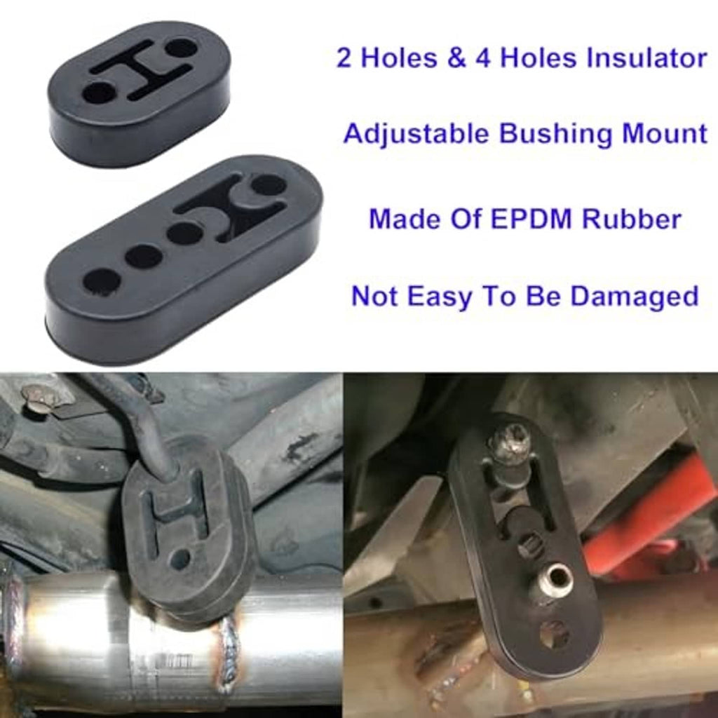 Black rubber exhaust hanger insulators with two-hole and four-hole patterns