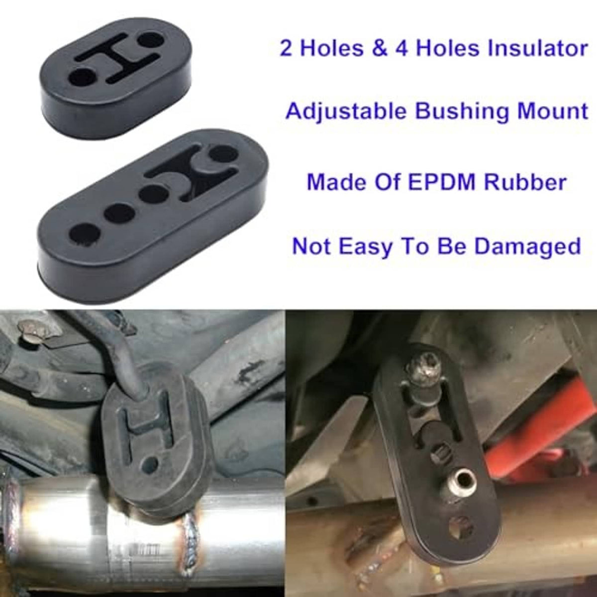 Black rubber exhaust hanger insulators with two-hole and four-hole patterns