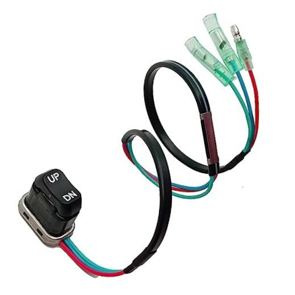 Tilt trim switch with wiring harness and black rocker switch labeled UP and DN