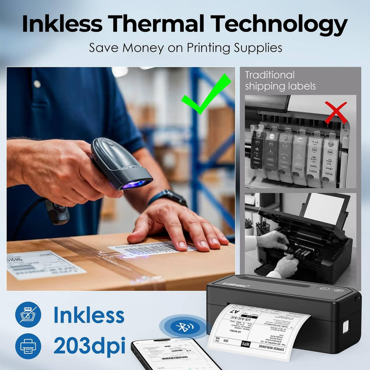 Black thermal label printer showing inkless printing design and label output
