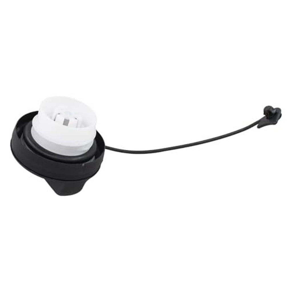Fuel tank filler cap with black housing, white insert, and tether strap