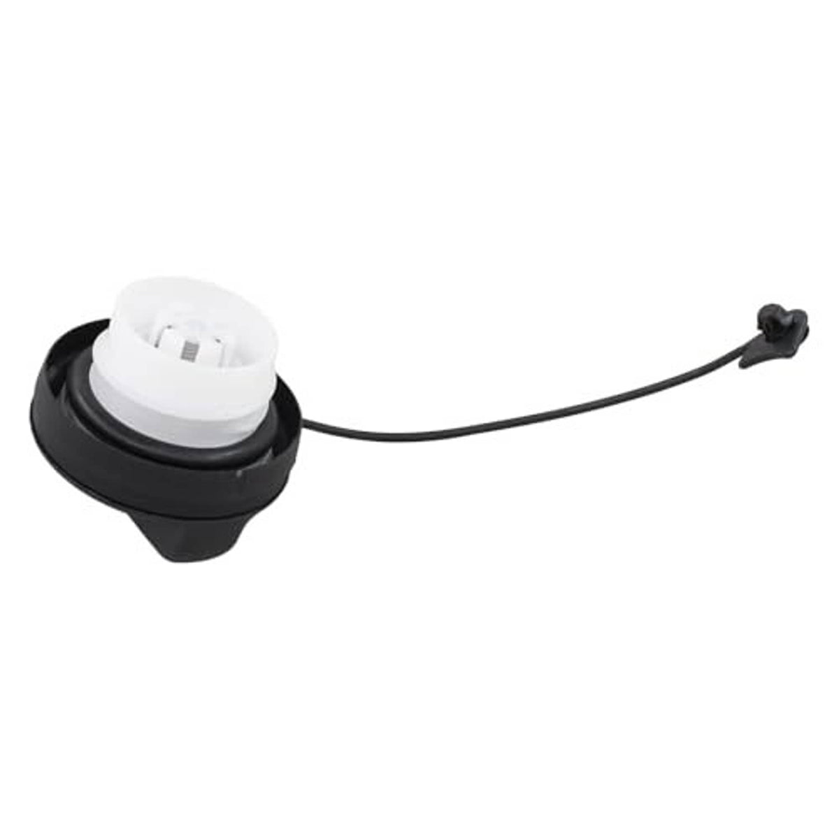 Fuel tank filler cap with black housing, white insert, and tether strap