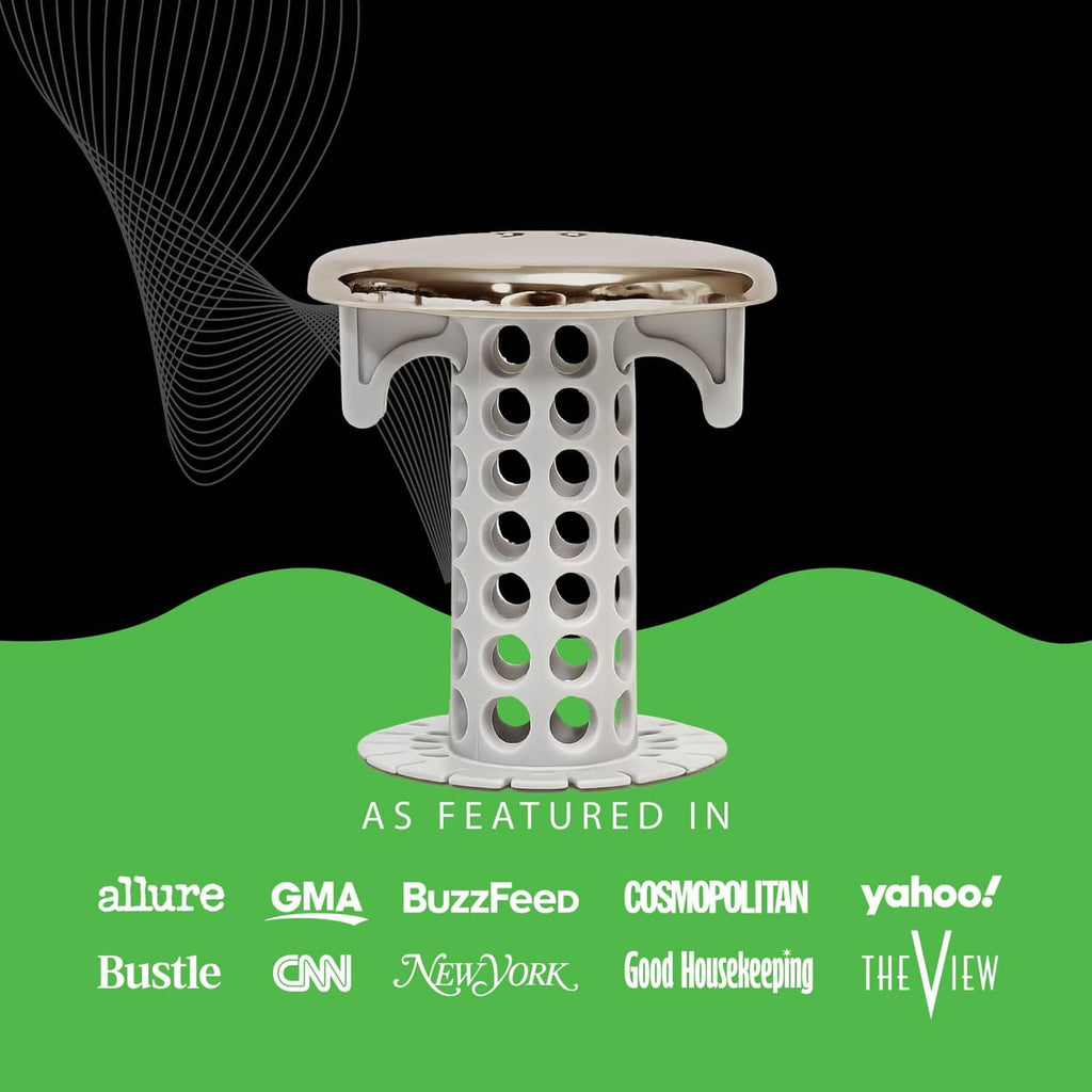 Bathroom sink strainer with nickel cap and white perforated basket shown upright.