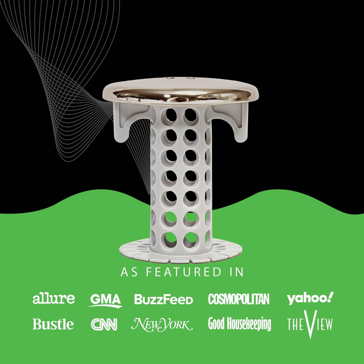 Bathroom sink strainer with nickel cap and white perforated basket shown upright.