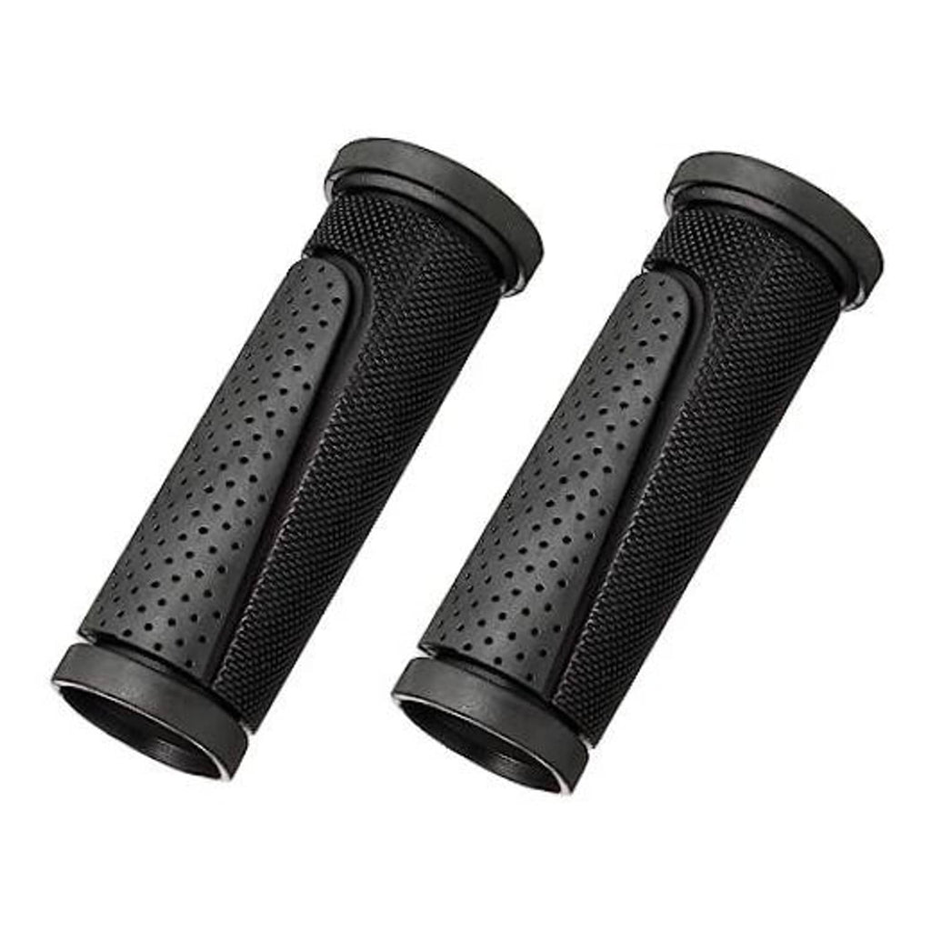 Pair of black rubber bicycle handlebar grips with perforated texture and flared ends