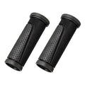 Pair of black rubber bicycle handlebar grips with perforated texture and flared ends