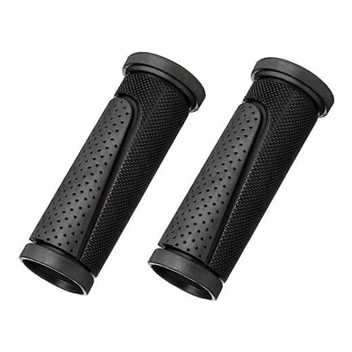 Pair of black rubber bicycle handlebar grips with perforated texture and flared ends