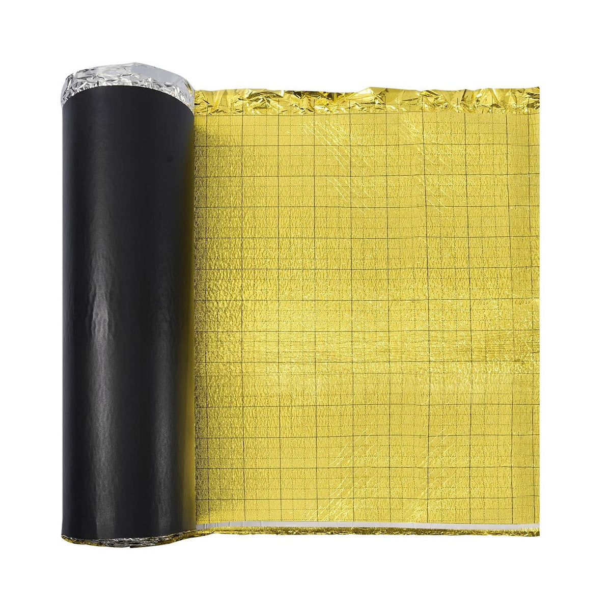 Gold floor underlayment roll with black backing and flat rectangular sheet