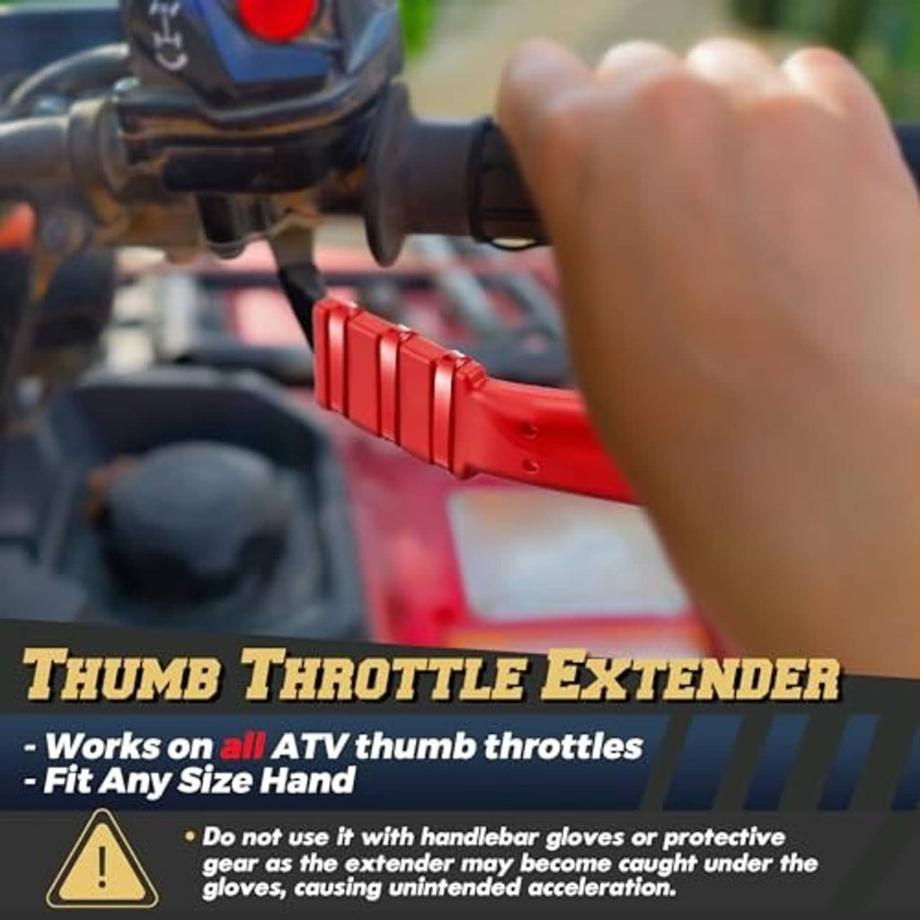 Red thumb throttle extender on ATV thumb control shown with a hand gripping