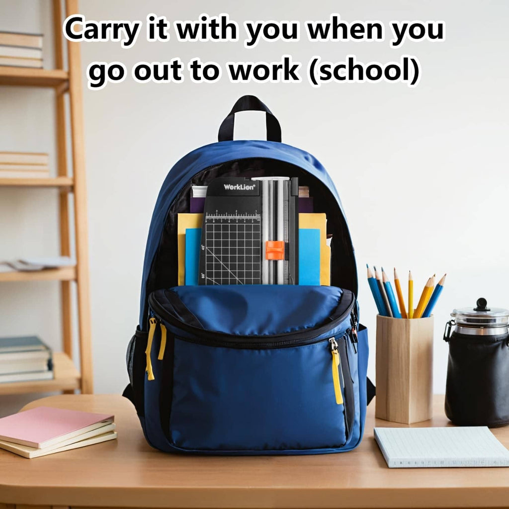 WorkLion paper trimmer carried in a navy zip-top work bag with papers