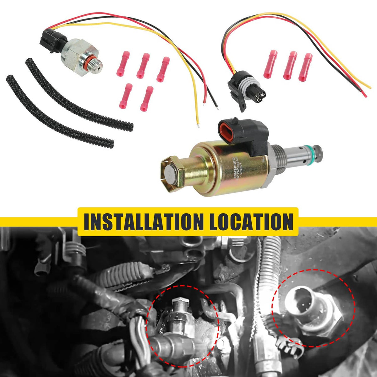 Fuel injection pressure regulator valve kit with wiring harness, terminals, and protective tubing