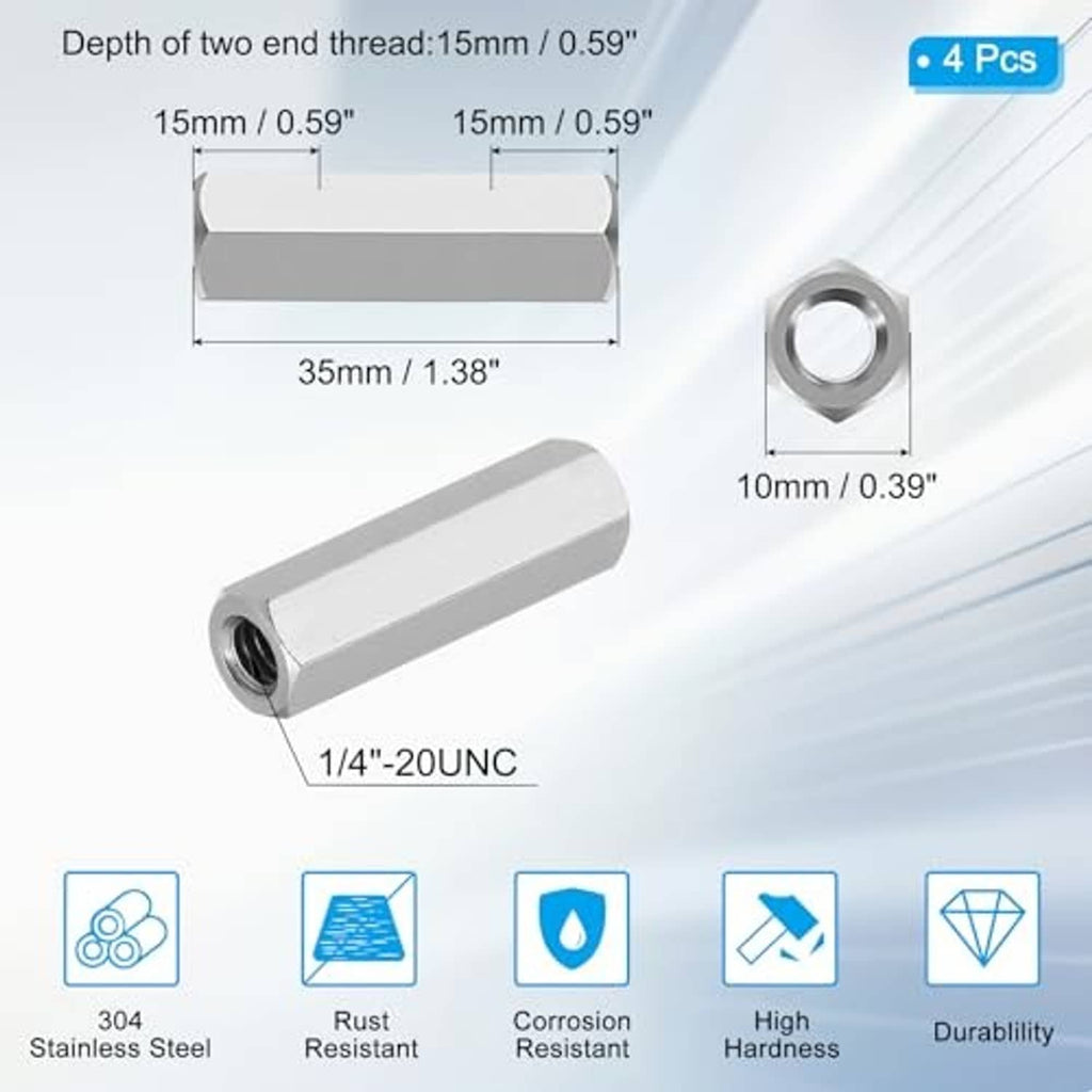 Stainless steel hex coupling nuts for 1/4-20 UNC bolts, threaded insert