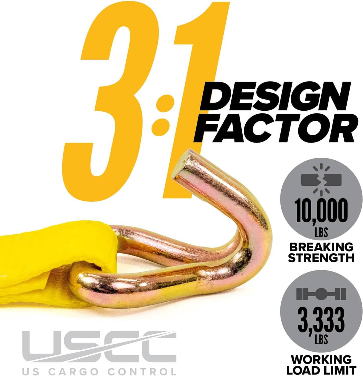Yellow wire hook ratchet strap with curved metal hook and webbing, 10,000 lbs