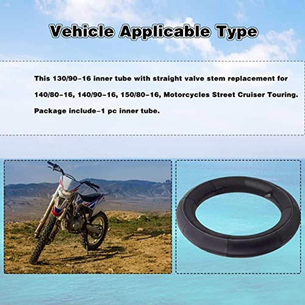 Black motorcycle inner tube with valve stem shown in applicability graphic