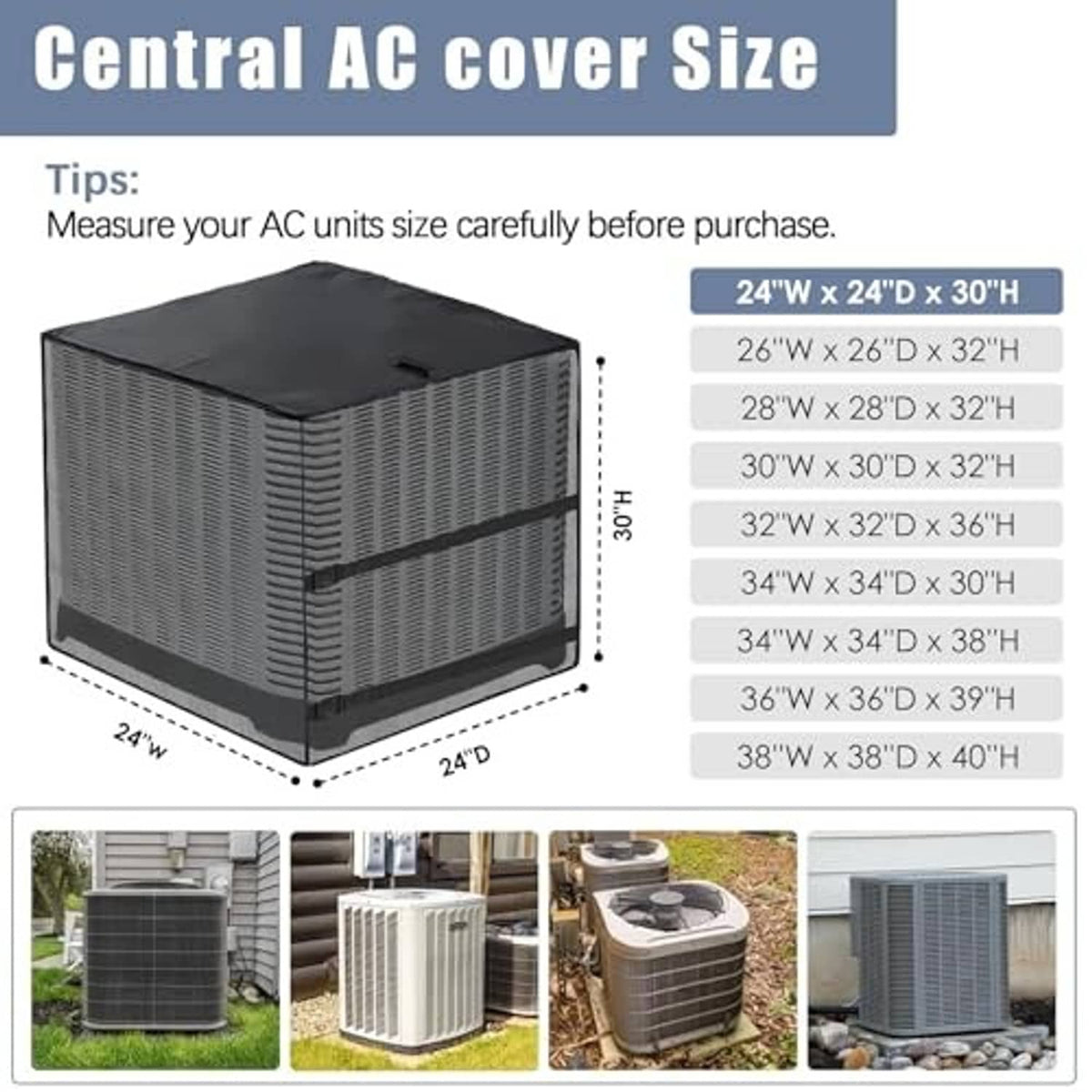 Black outdoor AC cover with 24 in x 24 in x 30 in size shown