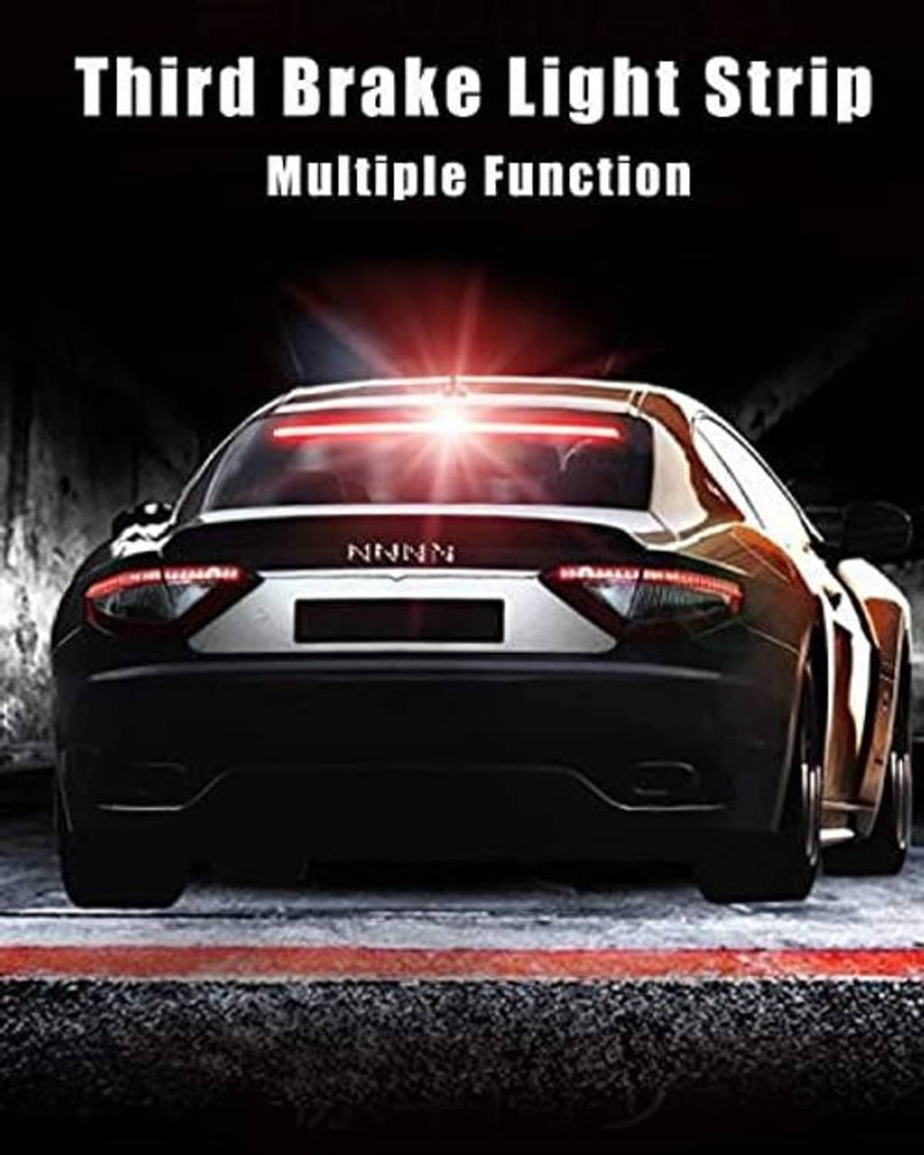 LED third brake light strip on car rear with red light bar illuminated