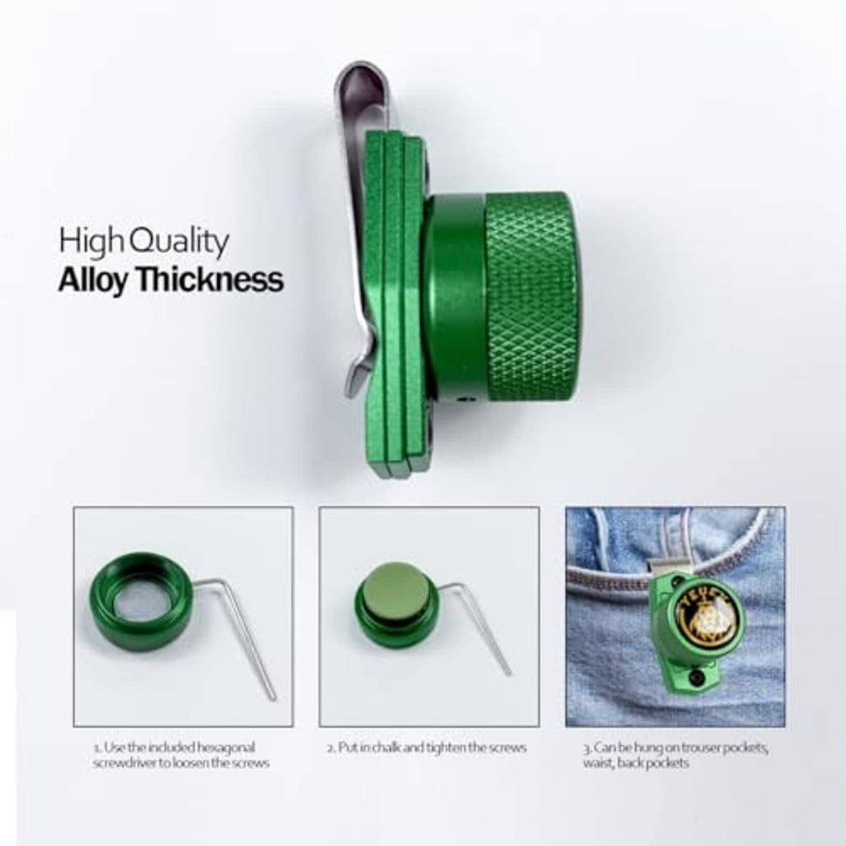 Green metal pool chalk holder with round cap and back clip, plus hex key