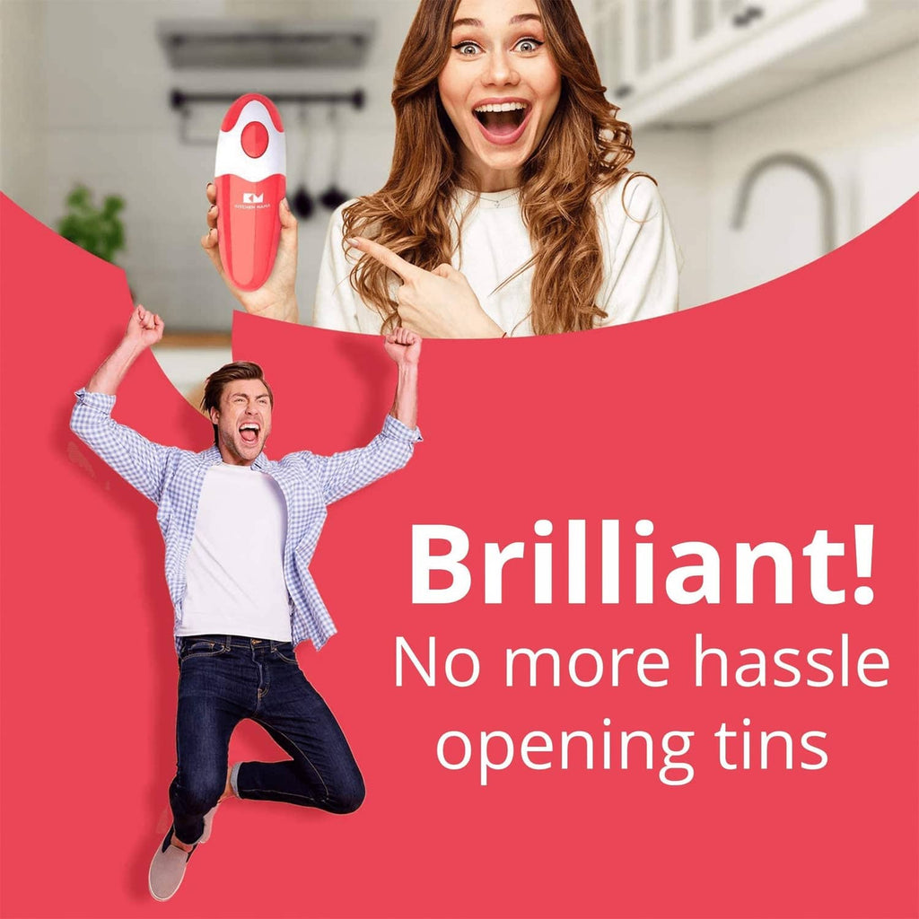 Red-and-white Kitchen Mama electric can opener held up by a person