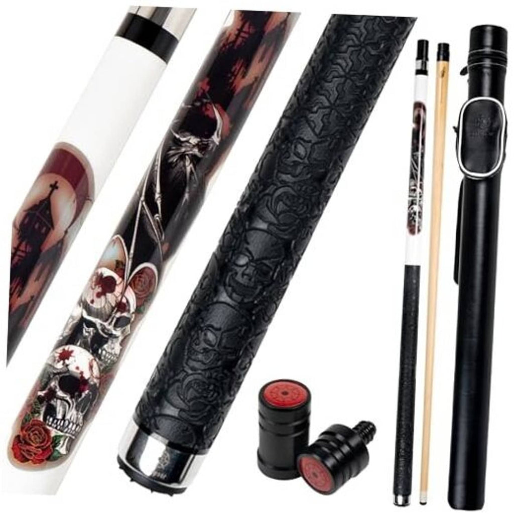 Pool cue set with leather-wrapped shafts, two cues, and hard cue case components