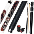 Pool cue set with leather-wrapped shafts, two cues, and hard cue case components