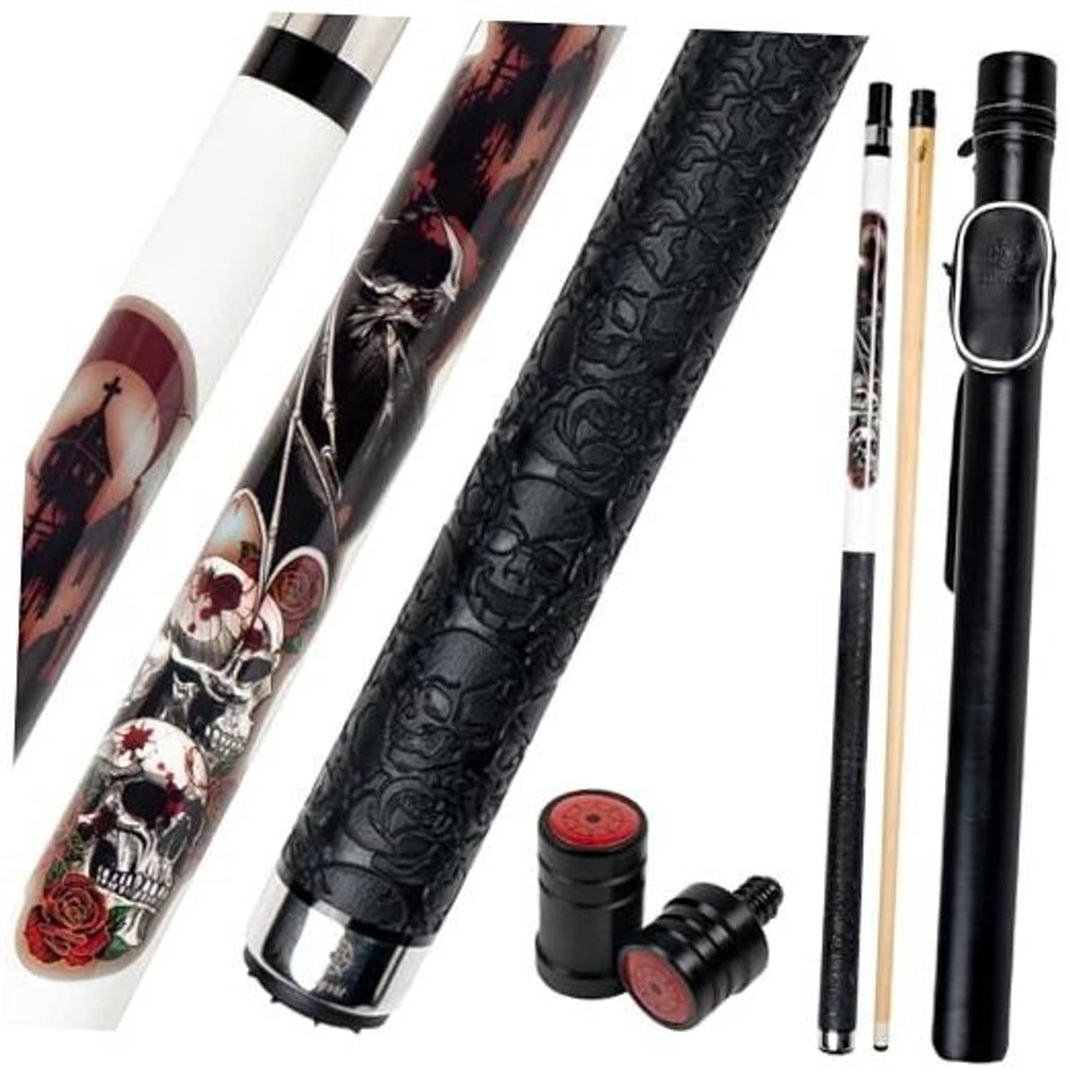 Pool cue set with leather-wrapped shafts, two cues, and hard cue case components