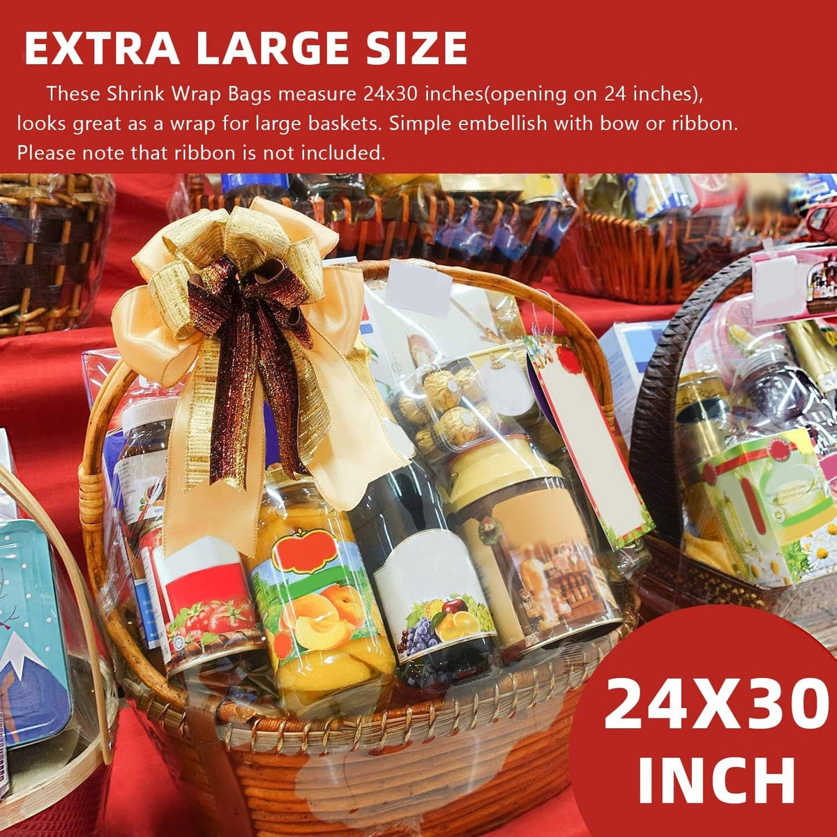 Clear PVC shrink wrap bag for gift baskets, 24x30 in, open top