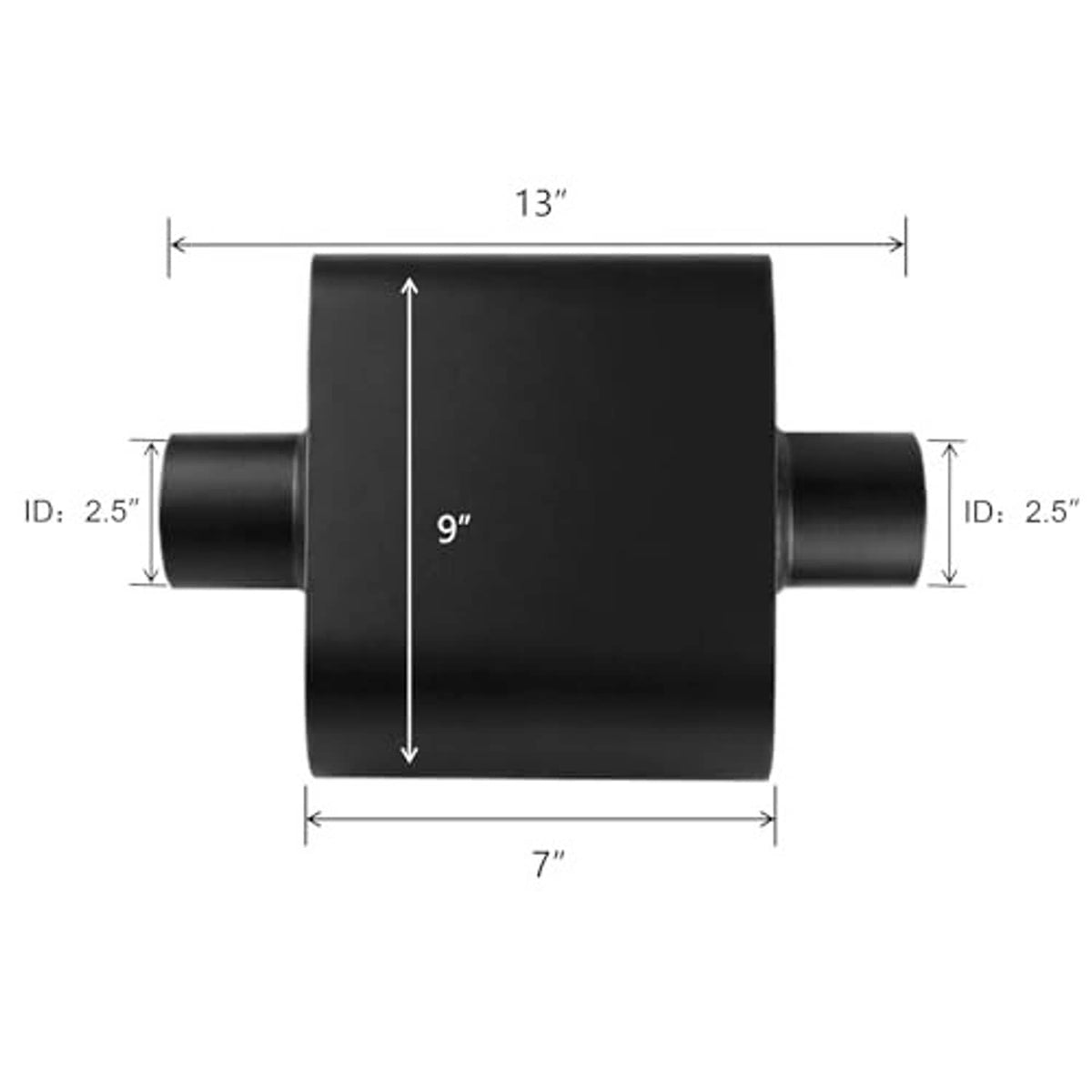 2.5 in ID single-chamber muffler dimensions: 9 in center section, 7 in overall