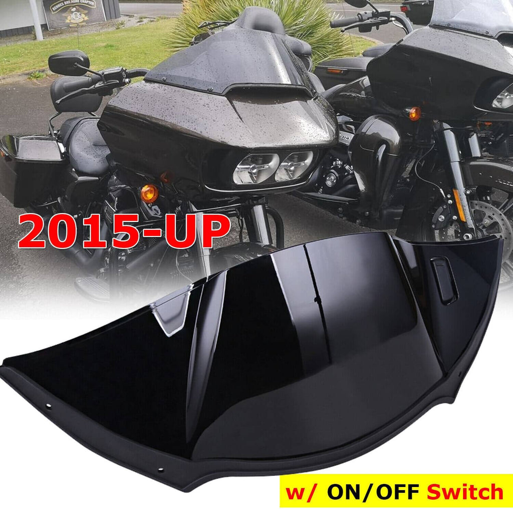 Black motorcycle air duct cover fairing shown installed on a touring motorcycle