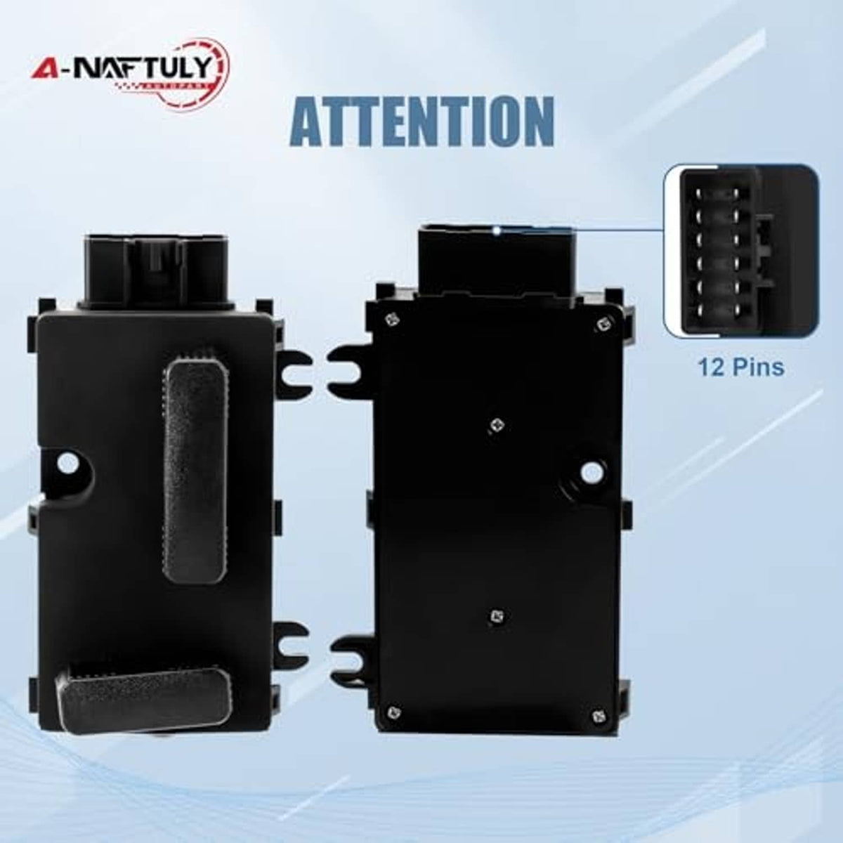 Black power seat switch module with 12-pin connector and textured button panel