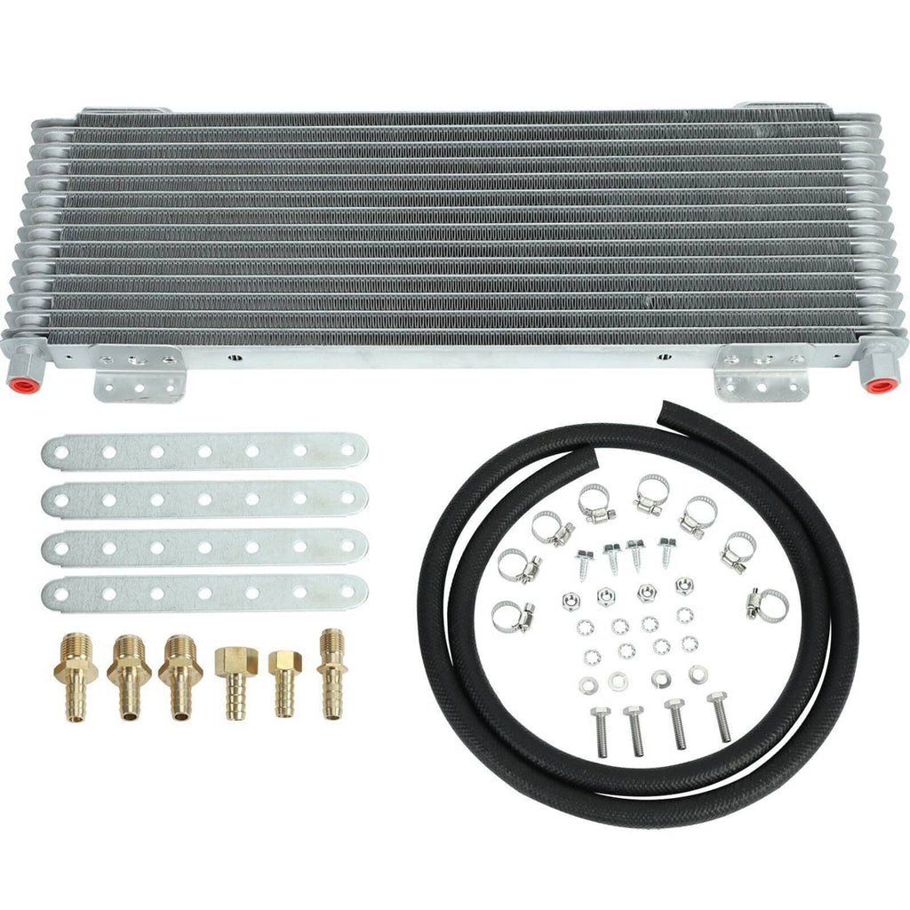 Transmission oil cooler with aluminum fins, black hose, brass fittings, and mounting strips