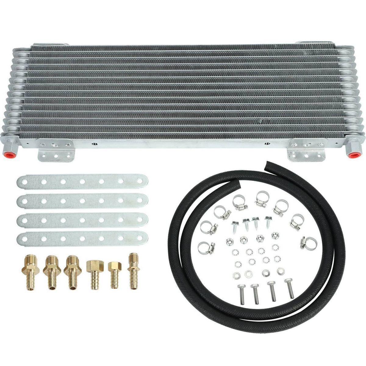 Transmission oil cooler with aluminum fins, black hose, brass fittings, and mounting strips