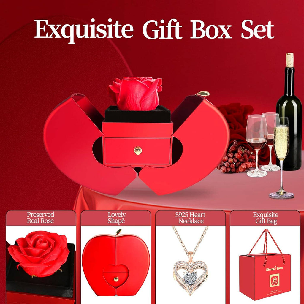 Heart necklace gift set with preserved red rose box, red gift bag, and wine accessories