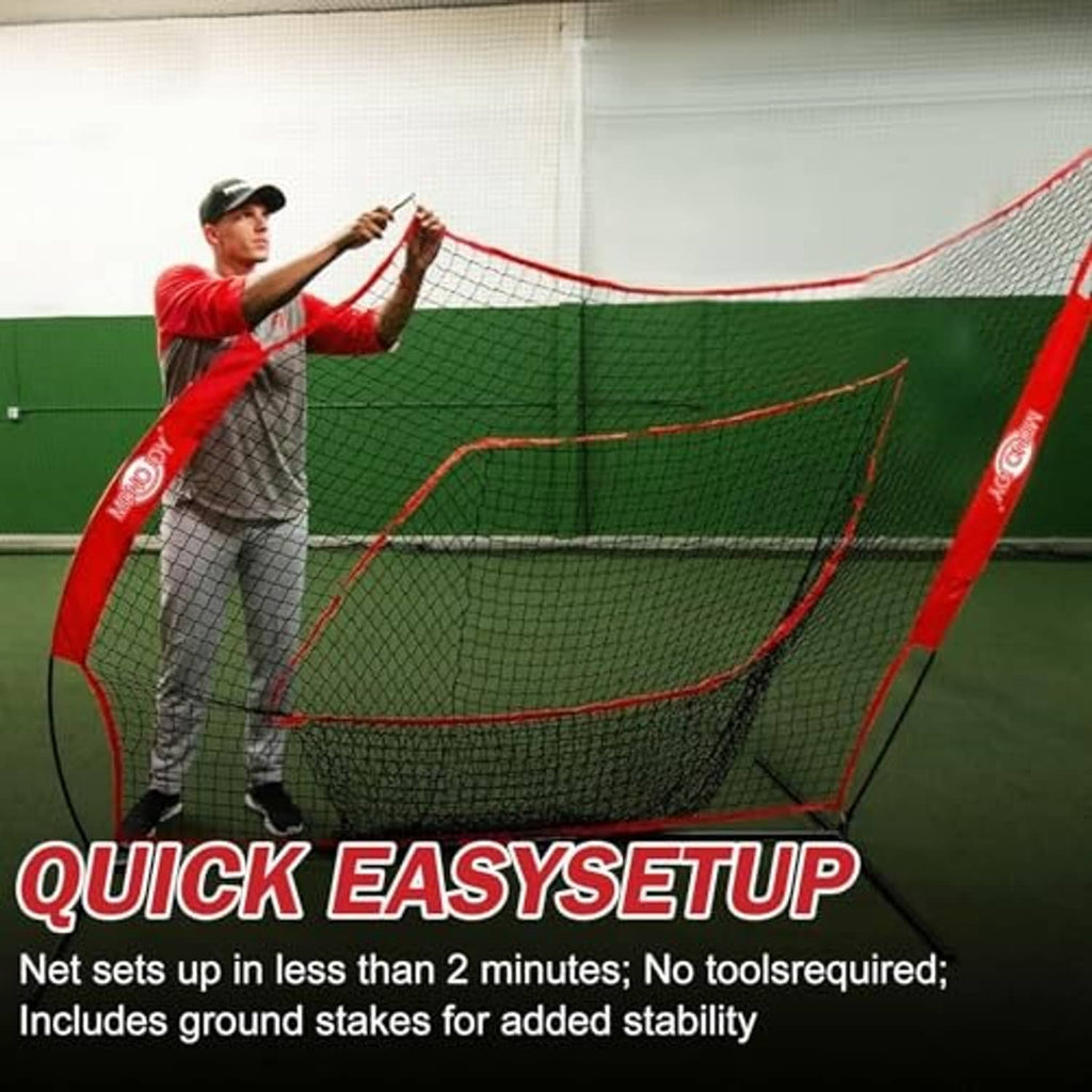 Red-and-white baseball practice net with target insert and sturdy steel frame set up