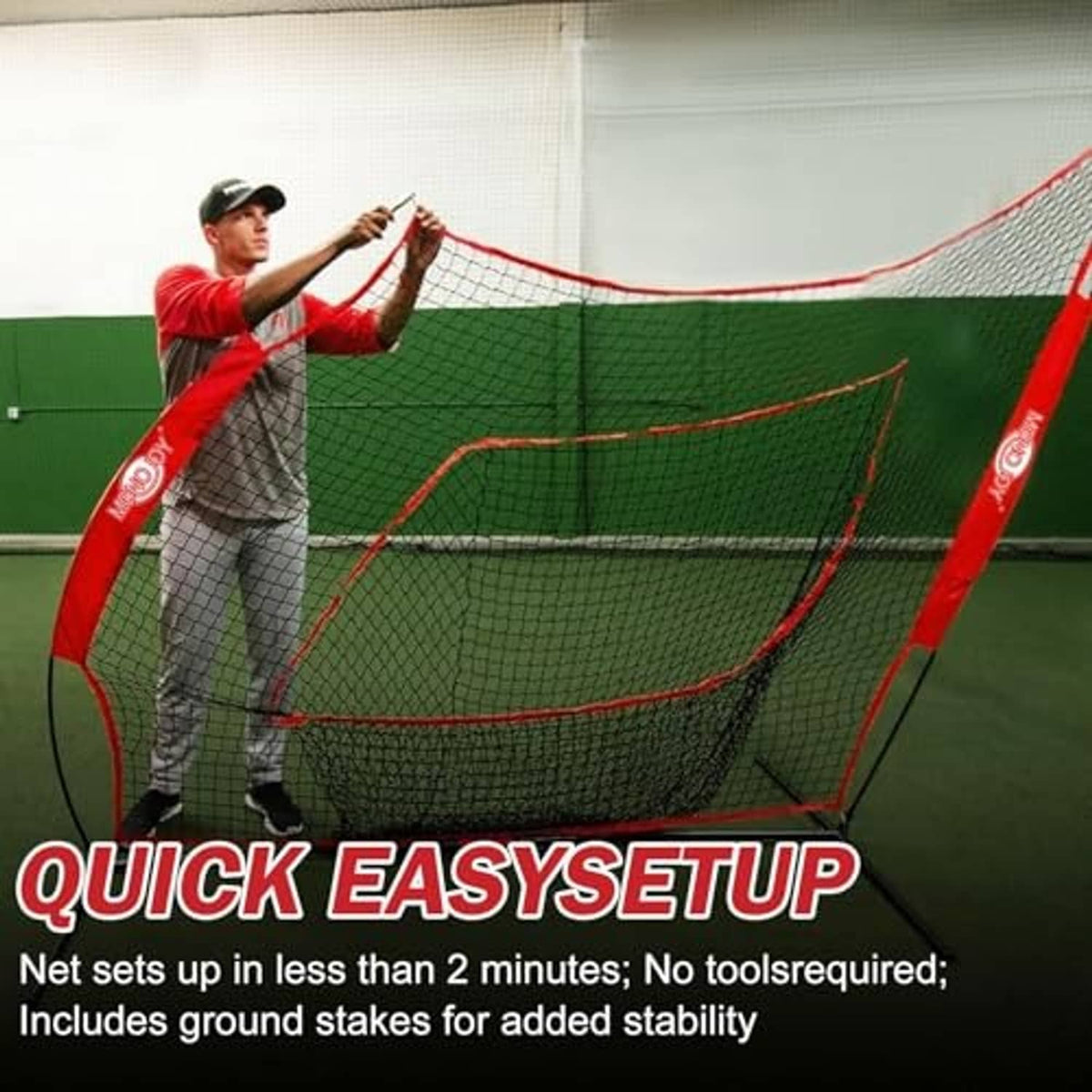 Red-and-white baseball practice net with target insert and sturdy steel frame set up