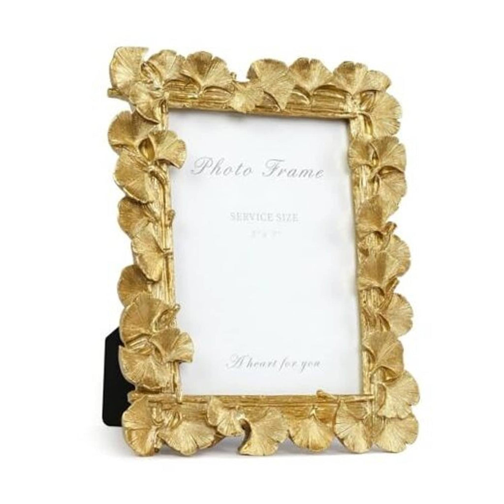 Ornate gold 5x7 photo frame with ginkgo-leaf border, flat front
