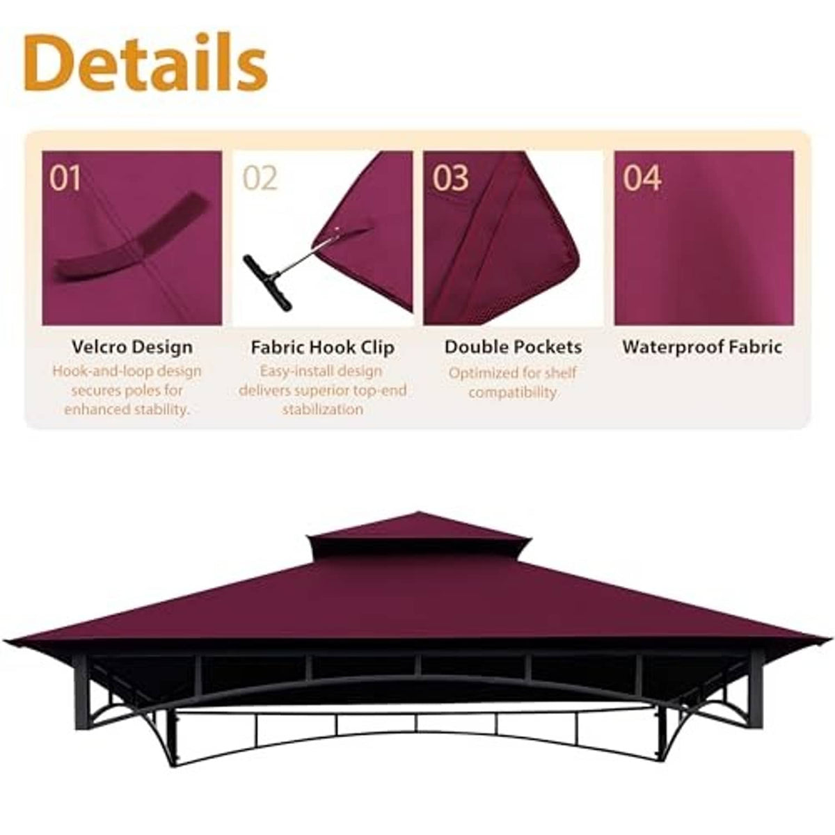 Burgundy gazebo BBQ canopy top with velcro and hook features; waterproof fabric