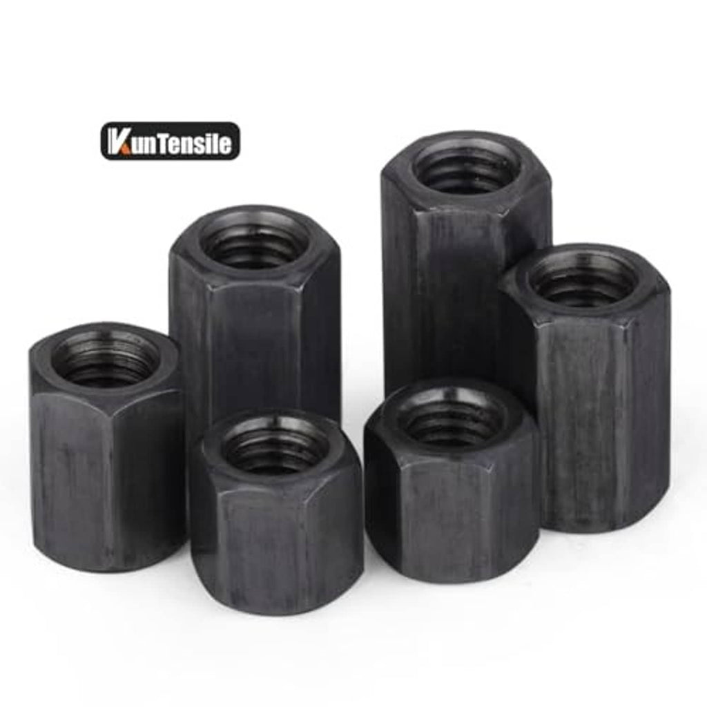 Set of black hex coupling nuts with internal threads, five-piece assortment