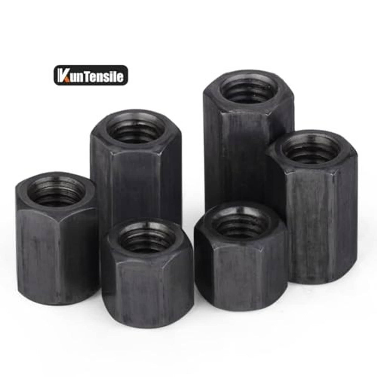 Set of black hex coupling nuts with internal threads, five-piece assortment