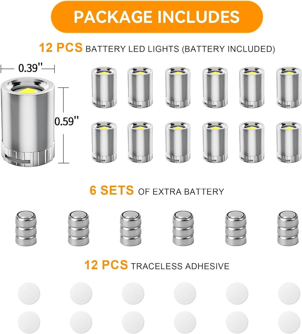 Mini LED spotlight lights set with 12 pieces, extra batteries, and adhesive pads