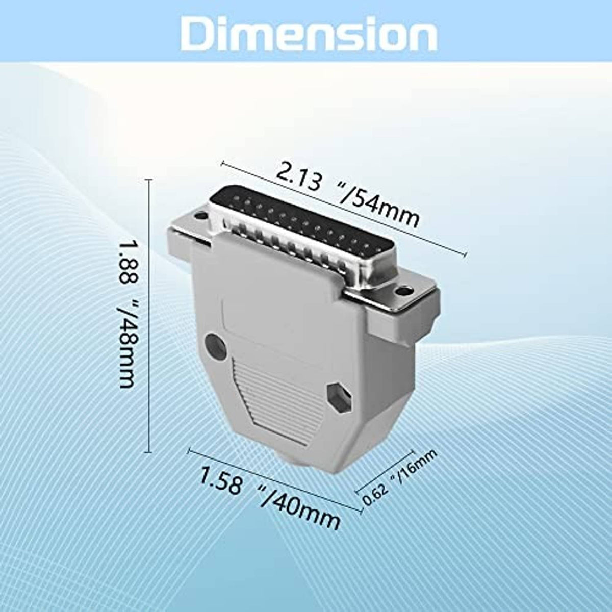 DB25 solder D-sub connector with dimensions, grey housing and blue pin header