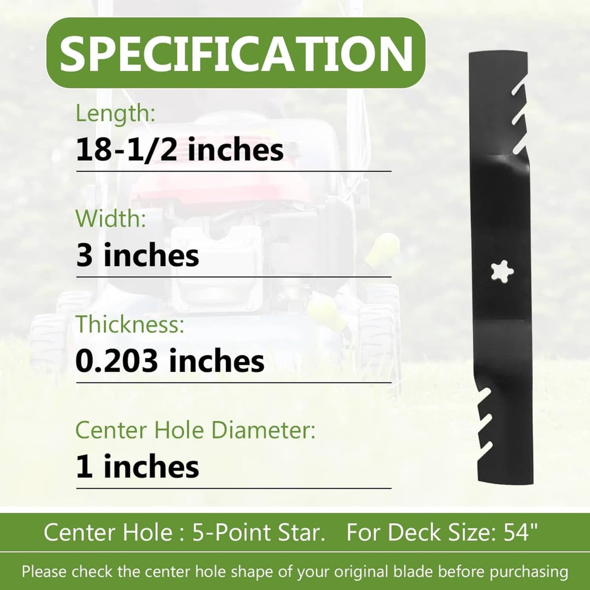 Vertical view of black mulching mower blade with 5-point star center hole