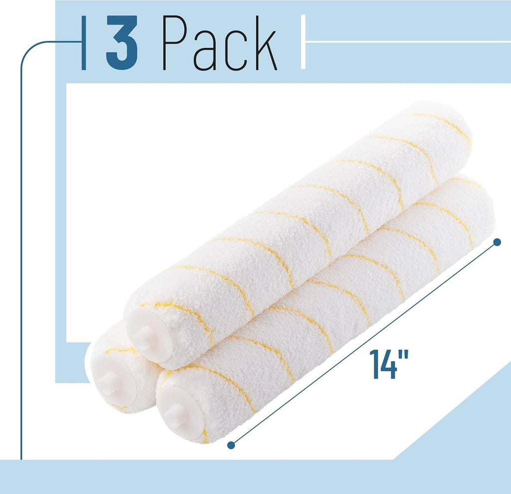 3 pack 14 in microfiber paint roller covers, white with yellow stripe bands, roll ends shown