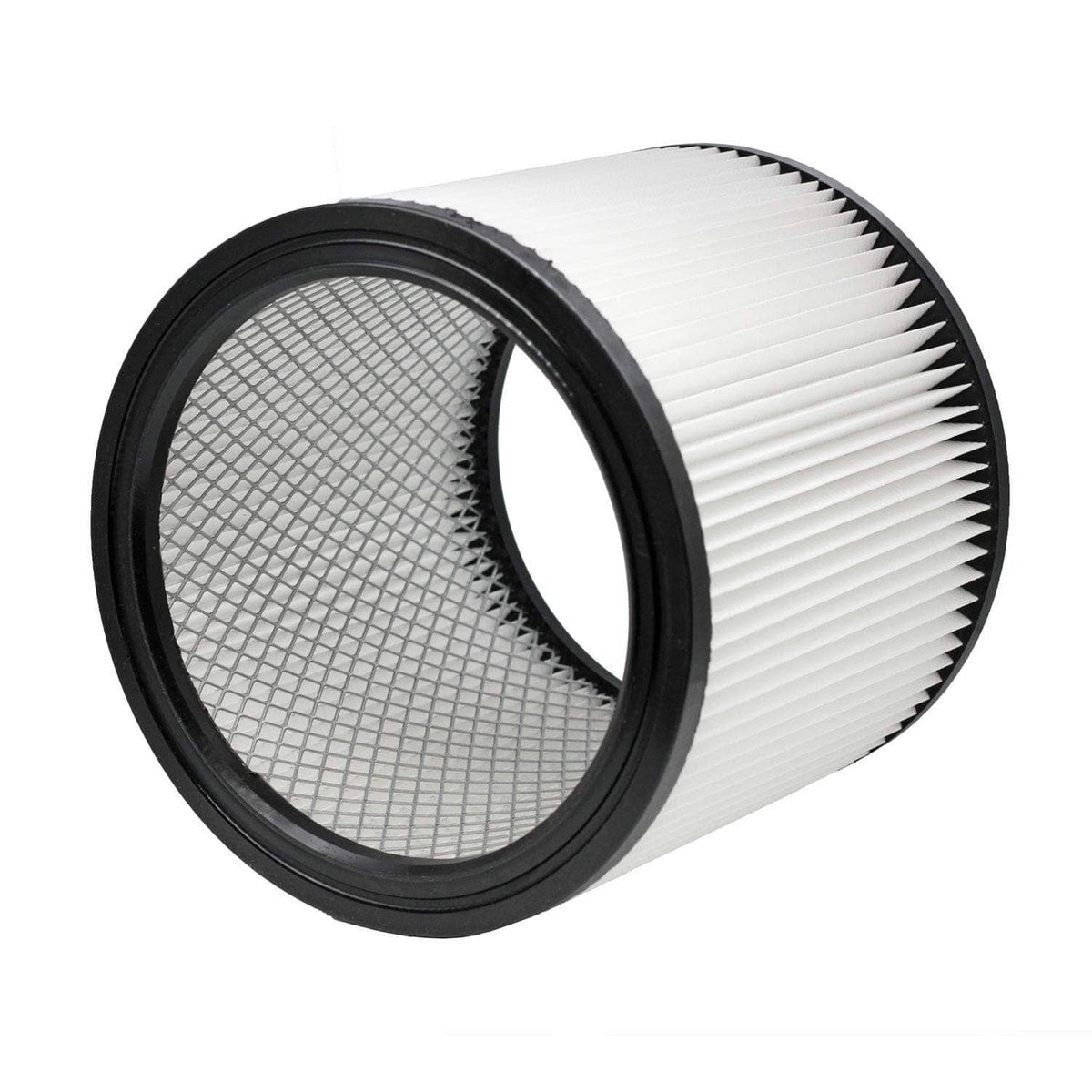 White pleated vacuum filter with black outer ring and inner fine mesh insert